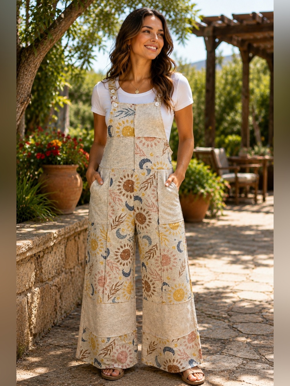 Yak & Yeti NWT Celestial Patchwork Wide Leg Overalls Boho Festival S/M, L/XL - Picture 1 of 10